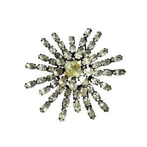 Vintage Rhinestone Starburst Brooch Snowflake Sunburst Crystal Pin Silver Tone